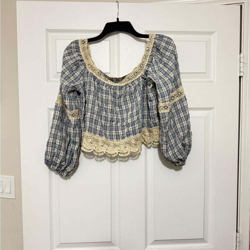 SHEIN Blue Checkered Blouse with Cream Lace